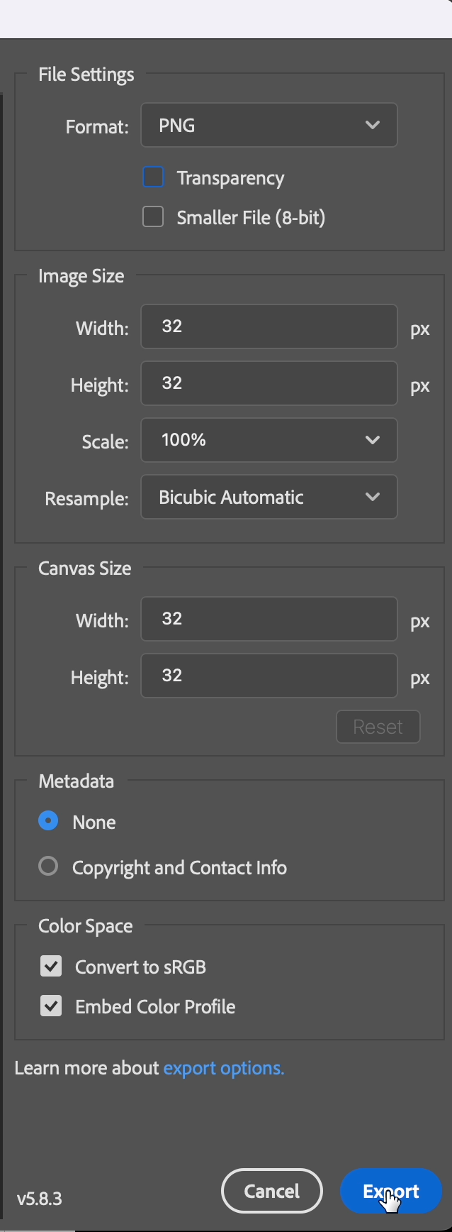 Photoshop Export Settings Image